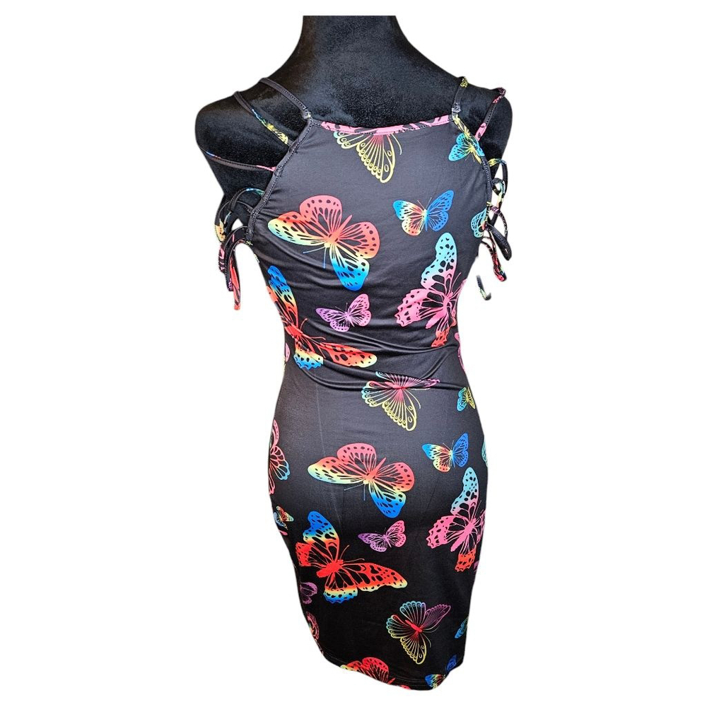 SHEIN Medium Rainbow Butterfly Print Strappy Sleeve Bodycon Mini Dress - Picture 4 of 11